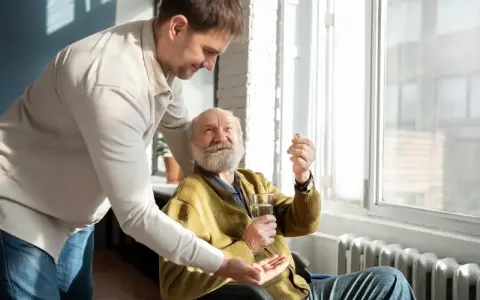 Mężczyzna w średnim wieku podaje starszemu mężczyźnie w wózku inwalidzkim tabletkę i szklankę wody.
