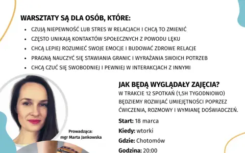 Trening umiejętności społecznych dla młodych dorosłych. Warsztaty pomagają zrozumieć emocje, budować relacje i pewniej czuć się w kontaktach.