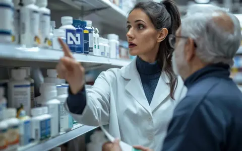 Młody technik farmacji pomaga starszemu panu wybrać odpowiednie leki z aptecznej półki.