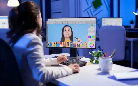 Kobieta edytuje zdjęcia na komputerze, zastanawiając się, ile zarabia grafik komputerowy.