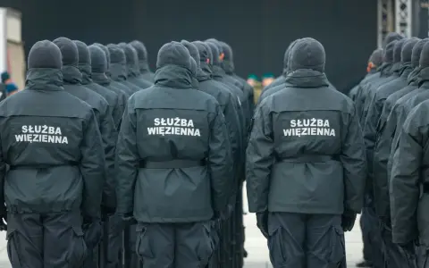 Grupa funkcjonariuszy Służby Więziennej w mundurach, widok od tyłu.