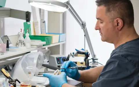 Technik dentystyczny w rękawiczkach pracuje nad modelem zębów przy użyciu pędzelka.