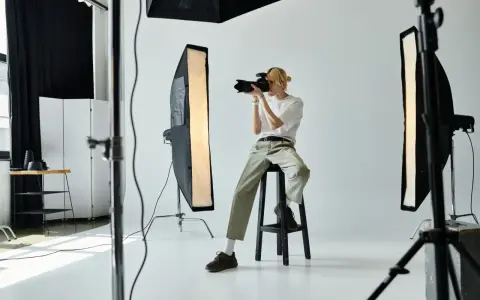 Młody fotograf z blond włosami, siedząc na stołku, robi zdjęcie aparatem. W studiu widać lampy i sprzęt. Zastanawiasz się, ile zarabia fotograf?