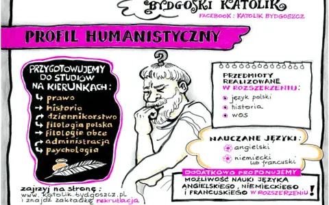 Profil humanistyczny w liceum. Przygotowanie do studiów na kierunkach: prawo, historia, dziennikarstwo, filologie, administracja, psychologia. Nauczane języki: angielski, niemiecki, francuski.