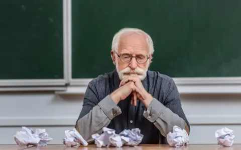 Zmęczony adiunkt z brodą i wąsami, w okularach, siedzi przy biurku z pogiętymi kartkami.