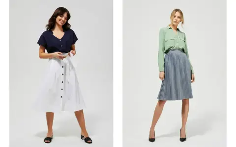 Dwie kobiety prezentują eleganckie stylizacje. Jedna w granatowej bluzce i białej spódnicy, druga w zielonej koszuli i niebieskiej spódnicy. To inspiracja, jak stworzyć odpowiedni dress code.