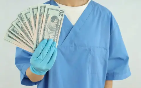 Osoba w niebieskim fartuchu i rękawiczkach trzyma wachlarz banknotów 20 dolarowych.