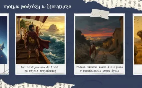 Ilustracje ukazują motyw podróży w literaturze: Mały Książę, Odyseusz, Marek Winicjusz i dzieci na wielbłądach.