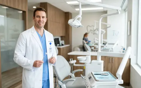 Uśmiechnięty dentysta w białym fartuchu trzyma narzędzia. W tle gabinet stomatologiczny, gdzie można dowiedzieć się, ile zarabia dentysta.