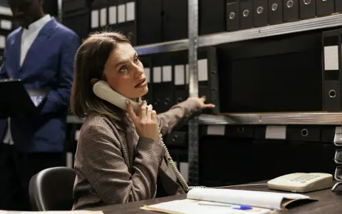 Kobieta, pracująca jako kryminolog, odbiera telefon w archiwum pełnym akt.