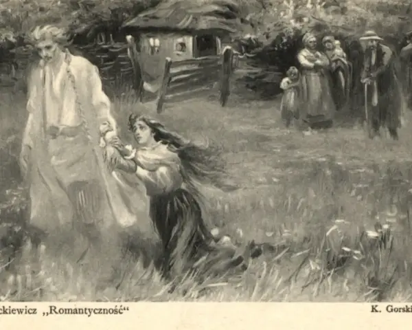 Scena z ballady romantyczność: dziewczyna błaga o litość, postać w bieli odchodzi, w tle chata i ludzie.
