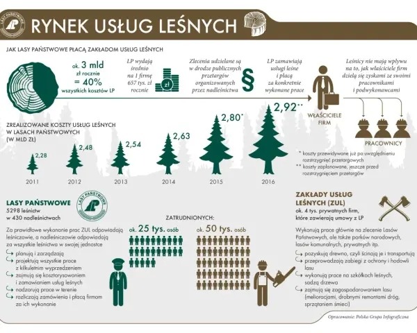 Infografika o rynku usług leśnych: koszty, zatrudnienie i struktura Lasów Państwowych.