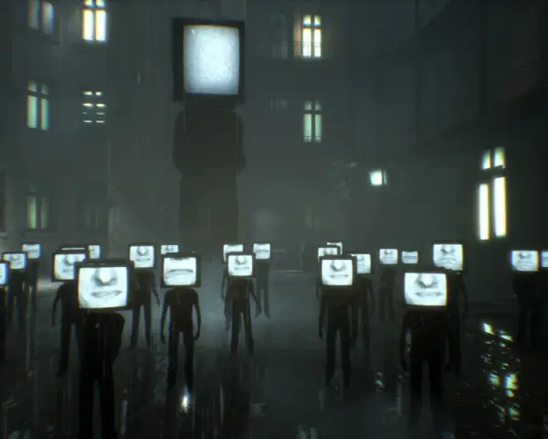 Postacie z telewizorami zamiast głów, stojące w deszczu. To obraz przerażającej dystopii, gdzie jednostka jest zastąpiona przez ekran.