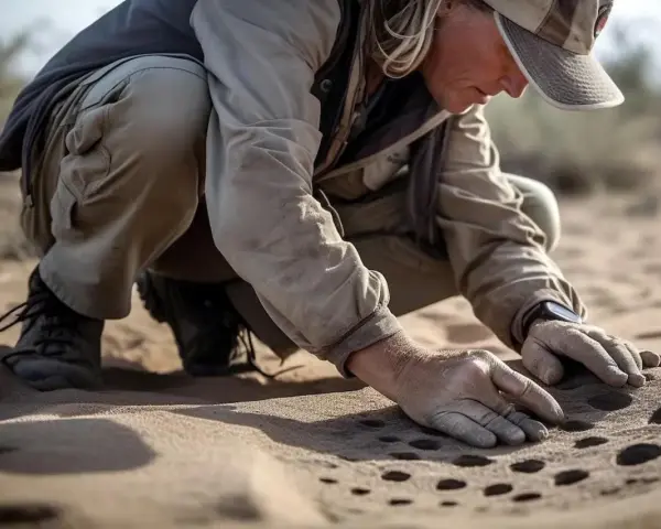 Archeolog w okularach i czapce z daszkiem klęczy na pustyni, badając dłońmi piasek.