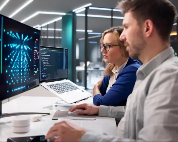 Dwóch inżynierów pracuje nad projektem, analizując dane na ekranach.