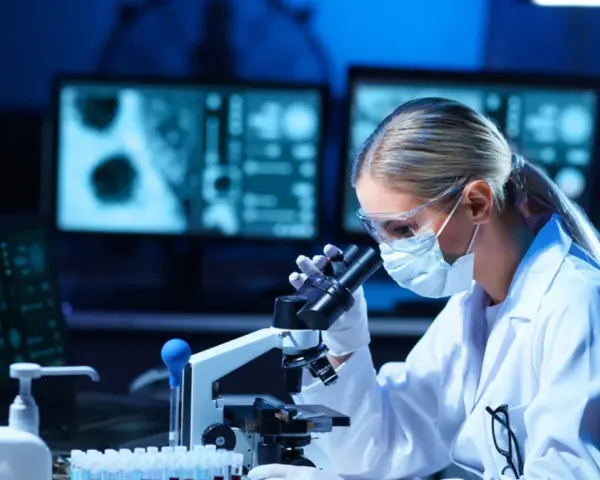 Diagnosta laboratoryjny w okularach i masce analizuje próbki pod mikroskopem. Na ekranach komputera widać wyniki badań.