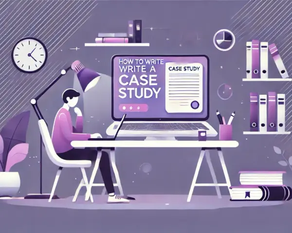 Ilustracja pokazuje osobę uczącą się, jak napisać case study. Na ekranie laptopa widnieje tytuł "HOW TO WRITE A CASE STUDY".