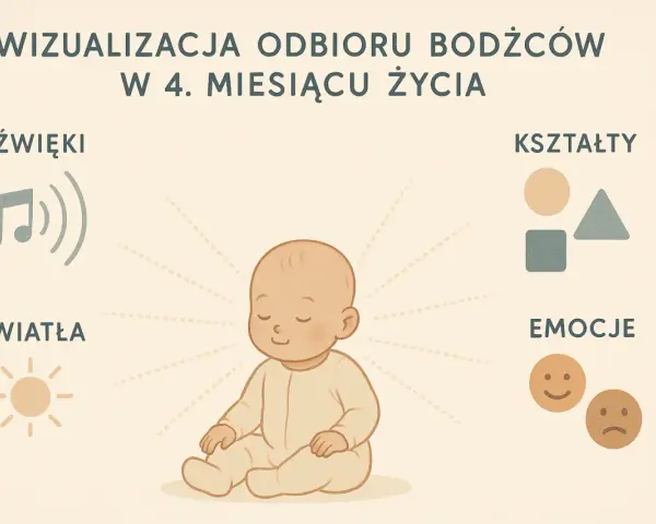 4 skok rozwojowy: dziecko odbiera dźwięki, światła, kształty i emocje.