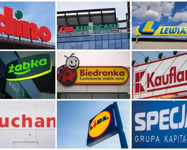 Logo sklepów: Dino, Eurocash, Lewiatan, Żabka, Biedronka, Kaufland, Auchan, Lidl, Specjał. Zastanawiasz się, ile zarabia się w Żabce?