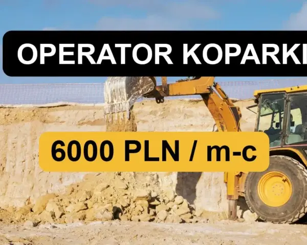 Operator koparki zarabia 6000 PLN miesięcznie. Żółta koparka pracuje na budowie, kopiąc ziemię.