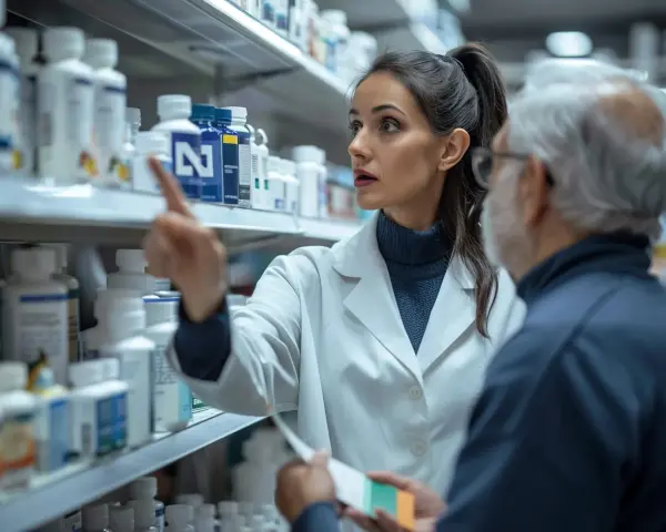 Młody technik farmacji pomaga starszemu panu wybrać odpowiednie leki z aptecznej półki.