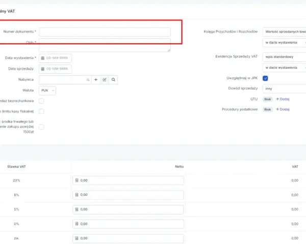Formularz przychodu uniwersalnego VAT, z zaznaczoną opcją sprzedaży bezrachunkowej.