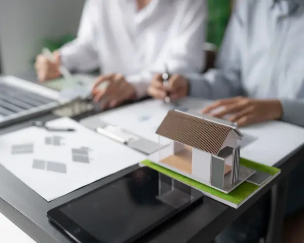 Model domu na biurku, gdzie trwa dyskusja o gospodarce przestrzennej.