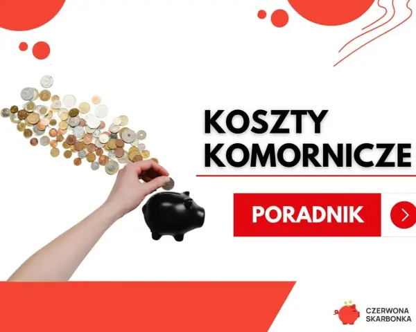 Ręka wrzuca monetę do świnki-skarbonki. Tekst: "Koszty komornicze". Dowiedz się, ile zarabia komornik.