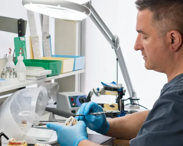 Technik dentystyczny w rękawiczkach pracuje nad modelem zębów przy użyciu pędzelka.