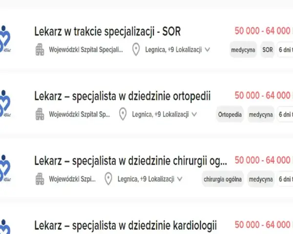 Zestawienie ofert pracy dla lekarzy w szpitalach, pokazujące, ile zarabia lekarz w zależności od specjalizacji i etapu kariery, np. 50 000-64 000 PLN.