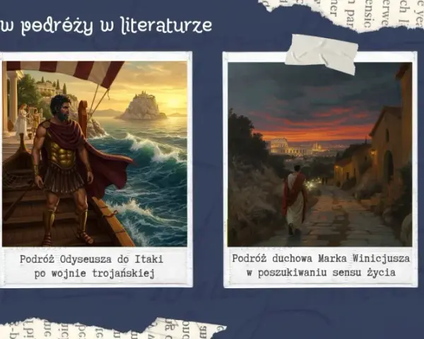 Ilustracje ukazują motyw podróży w literaturze: Mały Książę, Odyseusz, Marek Winicjusz i dzieci na wielbłądach.