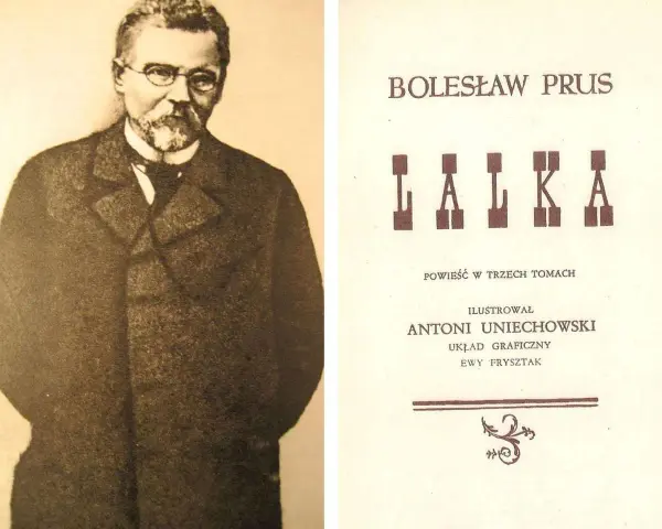 Portret Bolesława Prusa obok strony tytułowej jego dzieła "Lalka". Opracowanie graficzne Antoniego Uniechowskiego.
