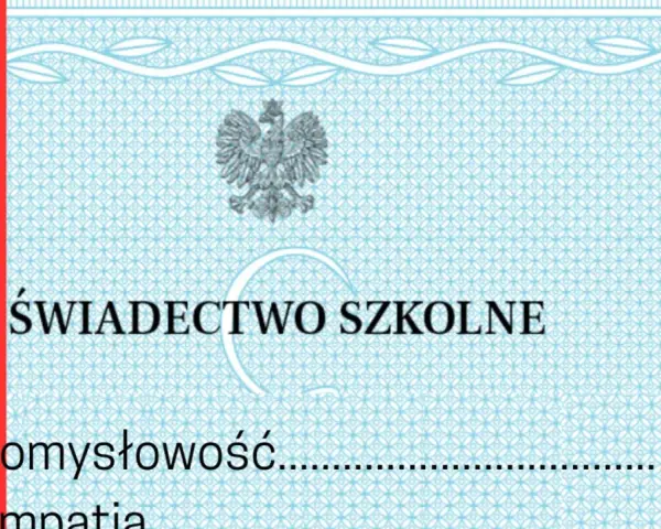 Świadectwo szkolne z godłem Polski. Widoczny pasek z napisem "pomysłowość" i oceną 6.