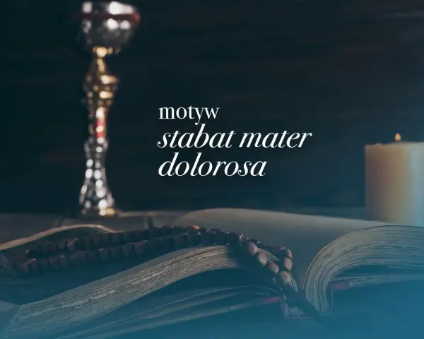 Kielich, otwarta księga z różańcem i płonąca świeca. Motyw stabat mater dolorosa.