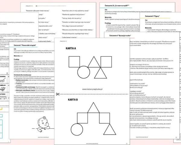 Karta A i B z figurami geometrycznymi do ćwiczenia komunikacji werbalnej i niewerbalnej.