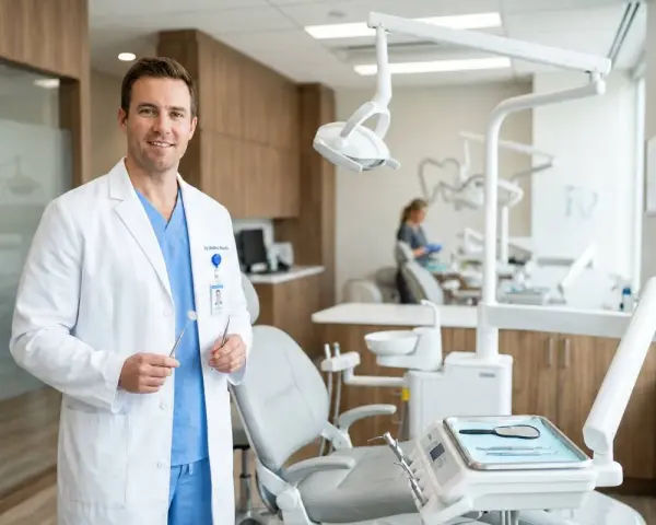 Uśmiechnięty dentysta w białym fartuchu trzyma narzędzia. W tle gabinet stomatologiczny, gdzie można dowiedzieć się, ile zarabia dentysta.