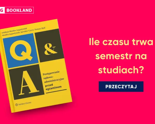 Żółta książka "Q&A" obok pytania "Ile czasu trwa semestr na studiach?".