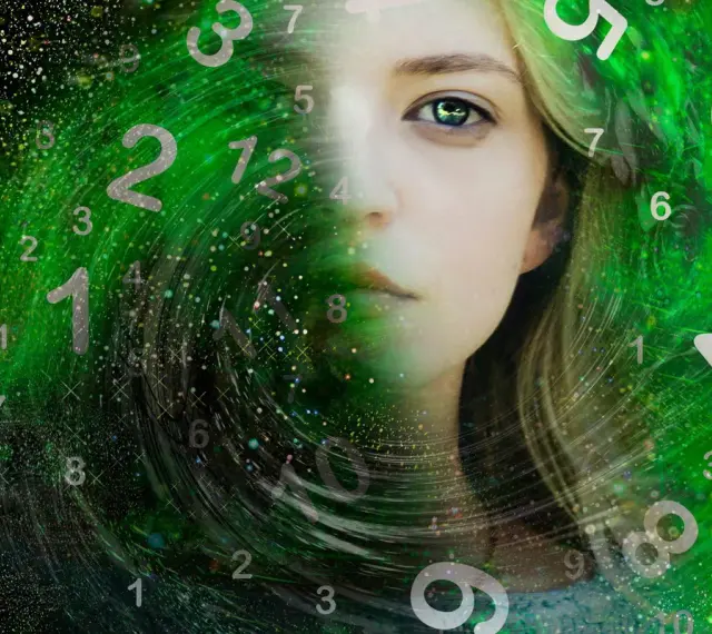 Twarz kobiety wpleciona w wir liczb, gdzie numerologiczna 5 symbolizuje wolność i przygodę.
