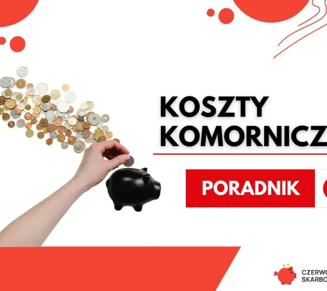 Ręka wrzuca monetę do świnki-skarbonki. Tekst: "Koszty komornicze". Dowiedz się, ile zarabia komornik.