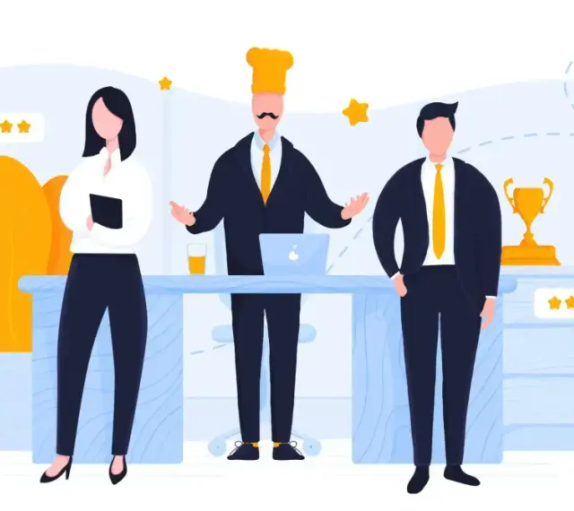 Trzy osoby w garniturach, jedna w czapce kucharskiej, stoją obok siebie. W tle gwiazdki i oceny. To przykład, jak budować employer branding co to znaczy.