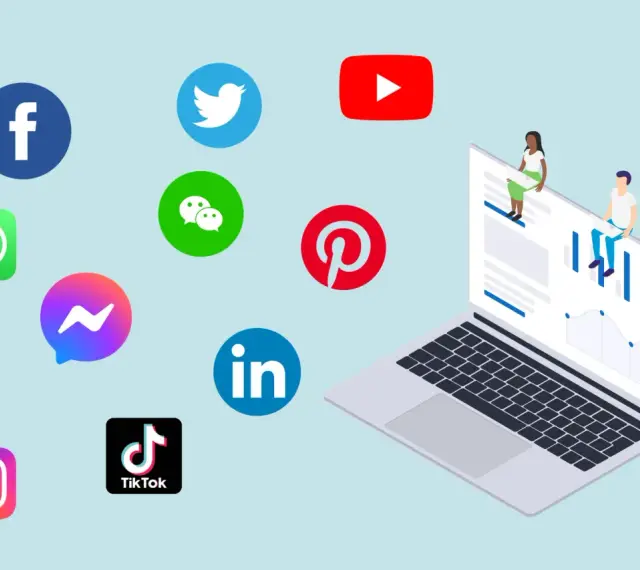 Ikony popularnych portali społecznościowych: Facebook, Twitter, YouTube, WhatsApp, Messenger, Instagram, TikTok, WeChat, Pinterest, LinkedIn. Na ekranie laptopa wykresy.