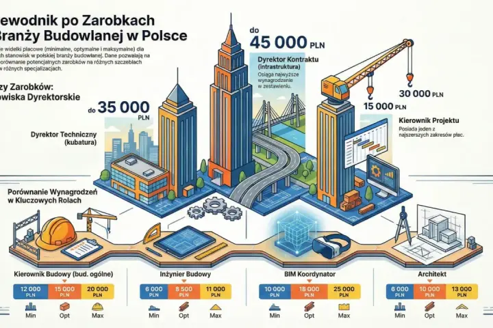 Ilustracja przedstawia schemat zarobków w branży budowlanej, z ikonami budynków i symbolami finansowymi.