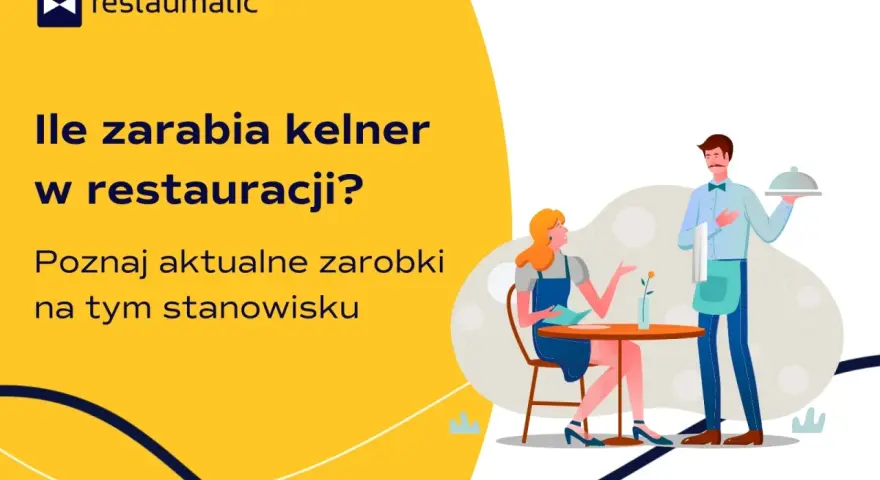 Ile zarabia kelner w restauracji? Dowiedz się, jakie są aktualne zarobki na tym stanowisku. Ilustracja przedstawia kelnera podającego danie klientce.