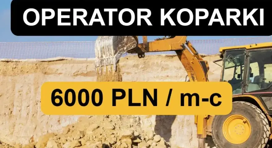 Operator koparki zarabia 6000 PLN miesięcznie. Żółta koparka pracuje na budowie, kopiąc ziemię.