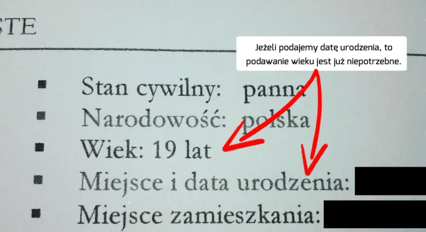 Wskazówki jak napisać CV do pracy: dane osobowe, narodowość, wiek. Podkreślono, że podawanie wieku jest zbędne, gdy jest data urodzenia.