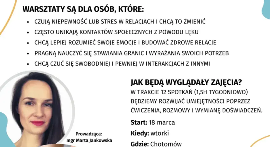 Trening umiejętności społecznych dla młodych dorosłych. Warsztaty pomagają zrozumieć emocje, budować relacje i pewniej czuć się w kontaktach.