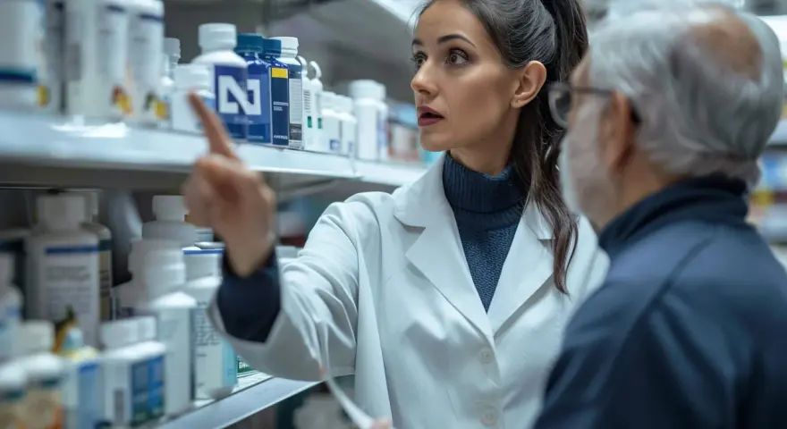 Młody technik farmacji pomaga starszemu panu wybrać odpowiednie leki z aptecznej półki.