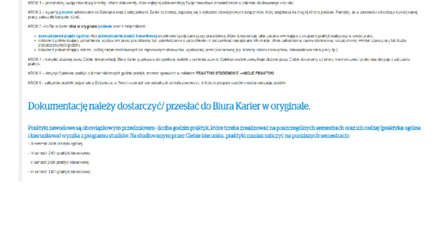 Dokumentacja praktyk studenckich do Biura Karier. Zaliczenie praktyk zawodowych na studiach.
