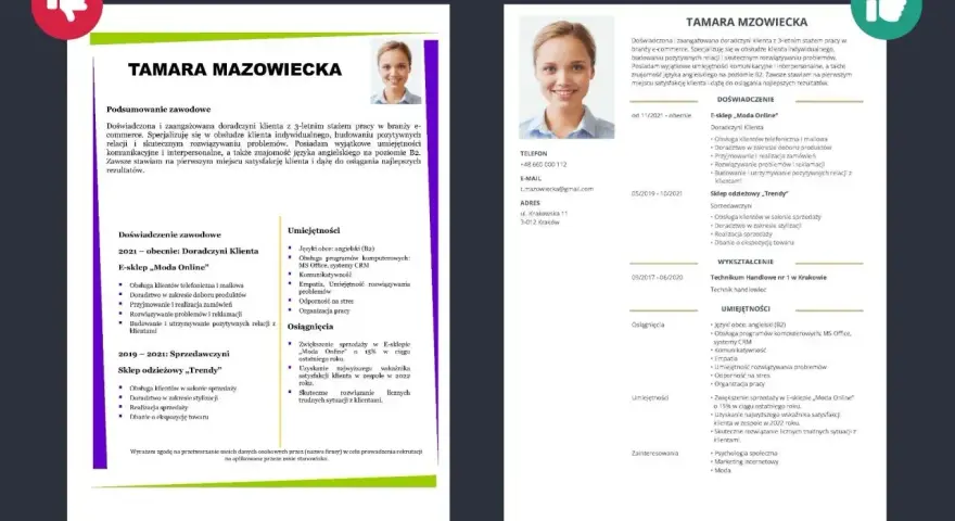 Tamara Mazowiecka, doradczyni klienta z 3-letnim doświadczeniem, szuka pracy. Jej tytuł zawodowy to "Doradczyni Klienta".
