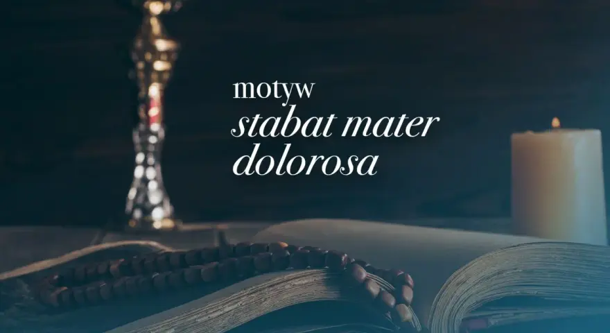 Kielich, otwarta księga z różańcem i płonąca świeca. Motyw stabat mater dolorosa.